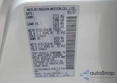 2017 Nissan Pathfinder Sv z USA, uszkodzony, nr VIN 5N1DR2MNXHC687230